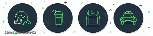 Set line Hand grenade, Bulletproof vest, Police helmet and car flasher icon. Vector