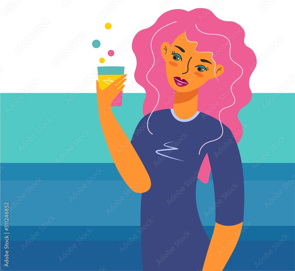 Stylish girl with a glass of wine or juice. Design for summer beach banner, cover, poster in minimalist style. a woman drinks a multi-colored cocktail, rests, summer holidays, vacation at sea. Vector. Stylish girl with a glass of wine or juice. Design for summer beach banner, cover, poster in minimalist style. a woman drinks a multi-colored cocktail, rests, summer holidays, vacation at sea. Vector.