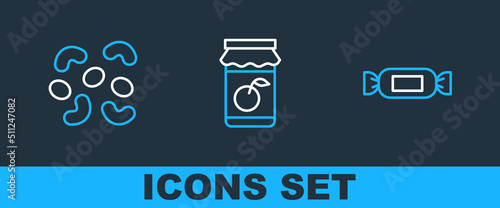 Set line Candy, Jelly candy and Jam jar icon. Vector