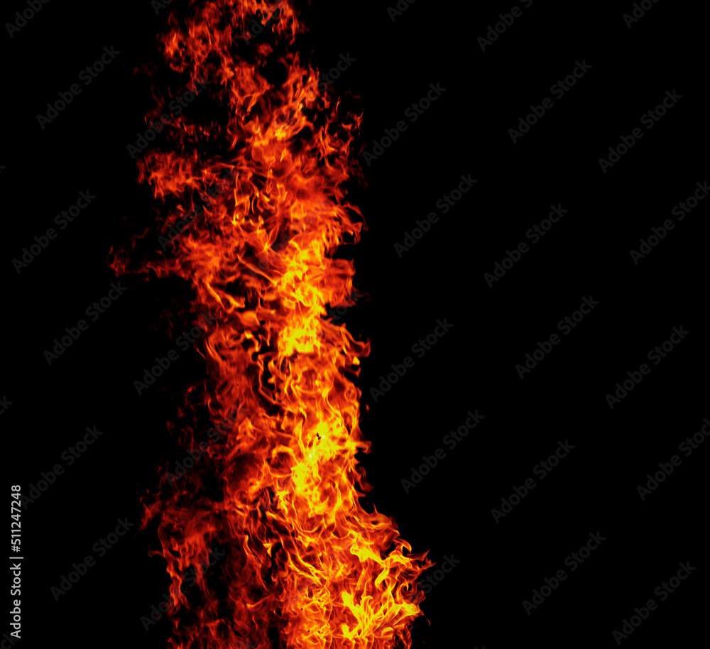 Close up burning flames on black background for graphic design or wallpaper Close up burning flames on black background for graphic design or wallpaper