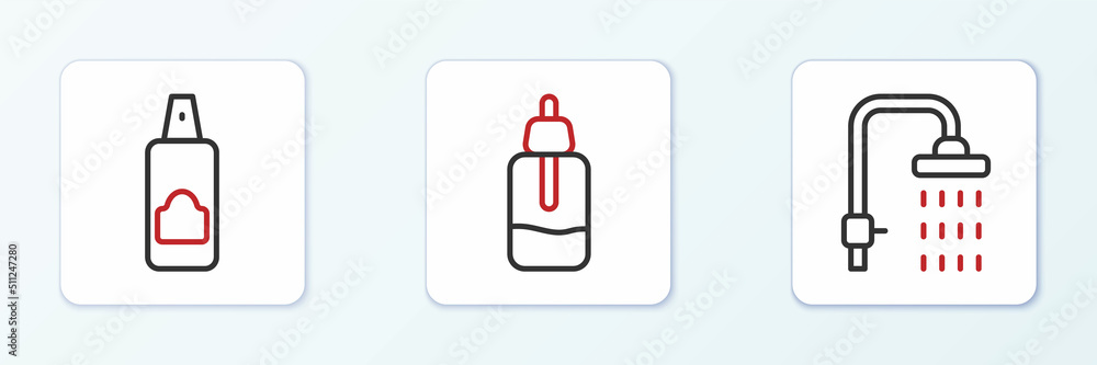 Set line Shower, Spray can for hairspray and Essential oil bottle icon. Vector Set line Shower, Spray can for hairspray and Essential oil bottle icon. Vector