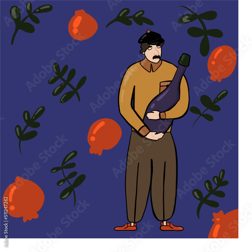 Georgian man character with bottle of wine caucasus culture and pomegranates. High quality illustration