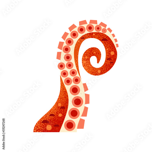 Octopus tentacles. Limbs of large cuttlefish with suckers, twisted leg of an ocean fish. Part of the kraken monster is an underwater animal. Vector geometric flat style on isolated white background.