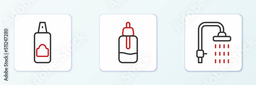 Set line Shower, Spray can for hairspray and Essential oil bottle icon. Vector