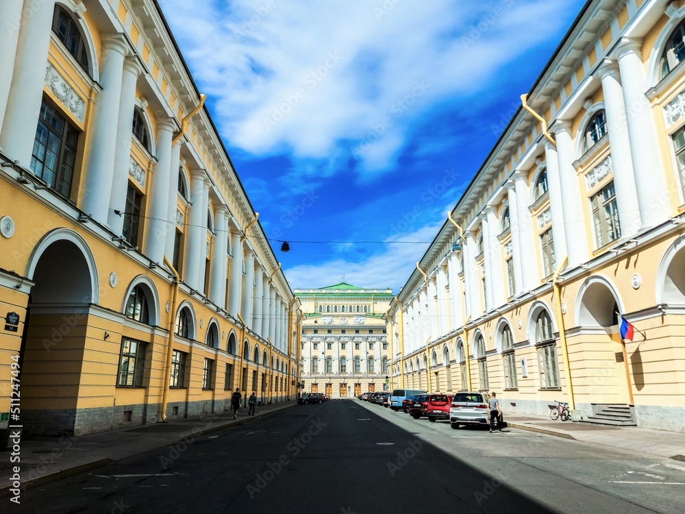Architect Rossi Street (Ulitsa Zodchego Rossi) and the Alexandrinsky Theatre or Russian State Pushkin Academy Drama Theater. St. Petersburg, Russia