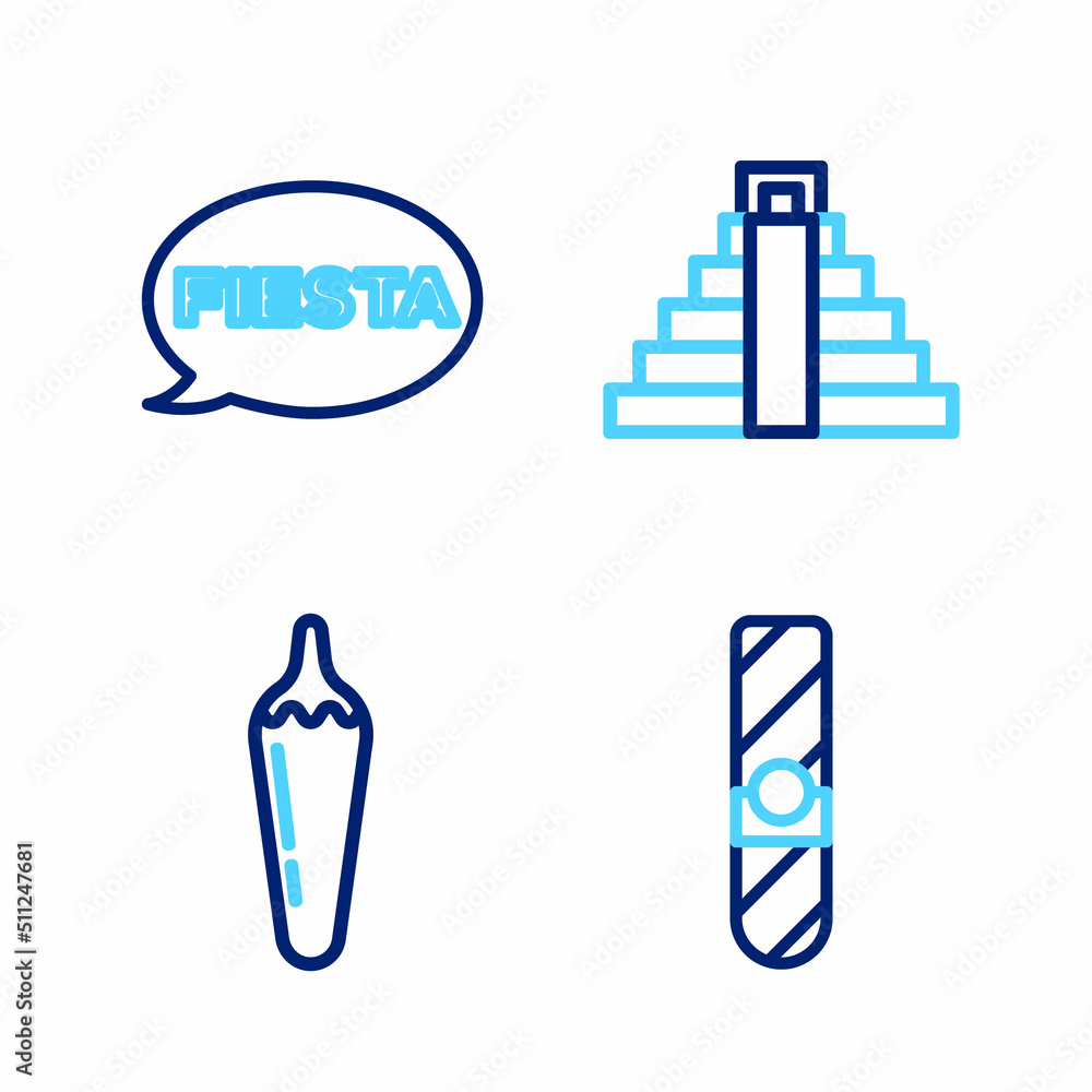 Set line Cigar, Hot chili pepper pod, Chichen Itza in Mayan and Fiesta icon. Vector Set line Cigar, Hot chili pepper pod, Chichen Itza in Mayan and Fiesta icon. Vector