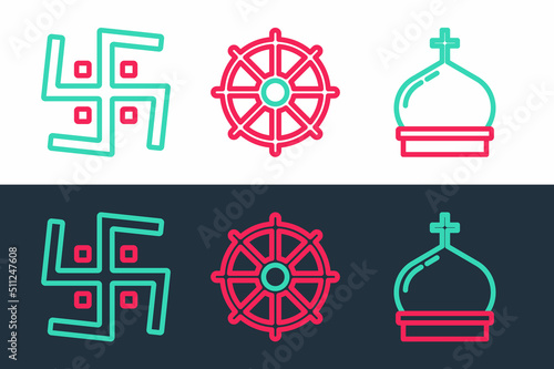 Set line Church tower, Hindu swastika and Dharma wheel icon. Vector