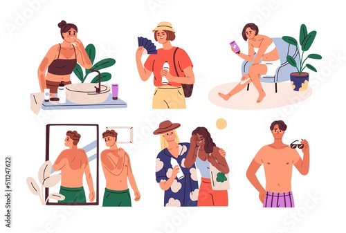 People with sunburn, sunstroke in summer heat. Men and women with sun stroke, burned and tanned body skin, dehydration, UV exposure. Flat graphic vector illustrations set isolated on white background