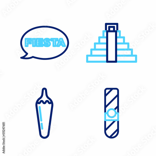 Set line Cigar, Hot chili pepper pod, Chichen Itza in Mayan and Fiesta icon. Vector