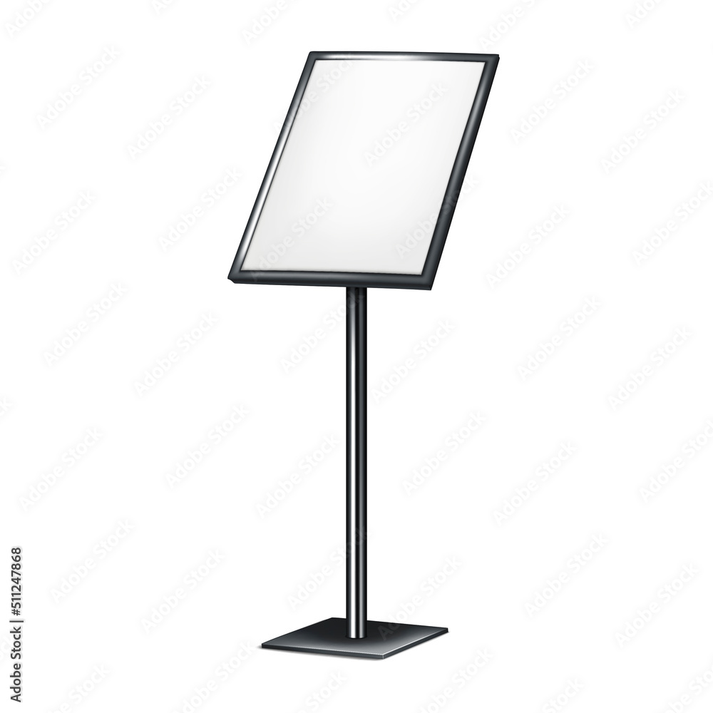 Vertical sign holder stand. Blank menu board vector mock-up. Floor standing display isolated on white background. Metal pedestal poster frame mockup. Template for design Vertical sign holder stand. Blank menu board vector mock-up. Floor standing display isolated on white background. Metal pedestal poster frame mockup. Template for design