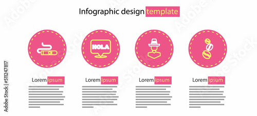 Set line Mexican man sombrero, Coffee beans, Hola and Cigar icon. Vector