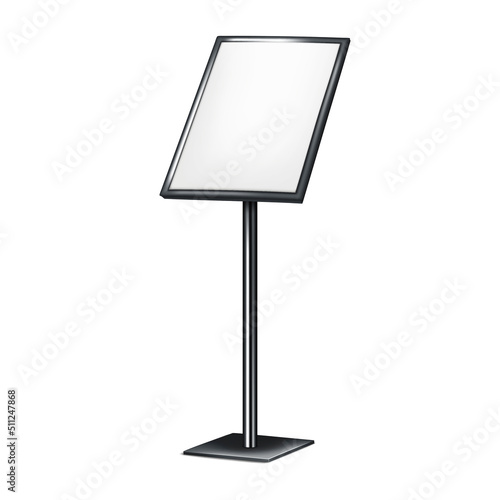 Vertical sign holder stand. Blank menu board vector mock-up. Floor standing display isolated on white background. Metal pedestal poster frame mockup. Template for design
