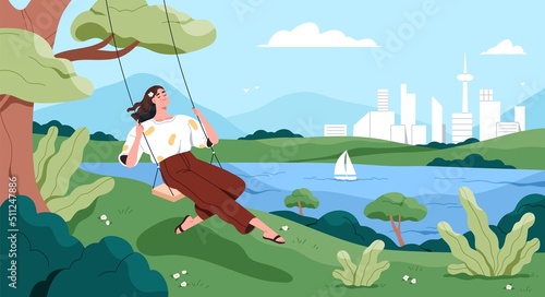 Happy relaxing on rope swings, hanging on tree, enjoying calm nature, solitude. Peaceful carefree young girl sitting on seesaw outdoors near water on summer holidays. Flat vector illustration