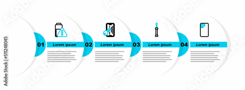Set line Smartphone, Screwdriver, Glass screen protector and battery charge icon. Vector