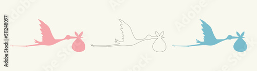 Illustration of a stork. Three silhouettes of a stork in pink, blue and line.  Vector drawings for package design, print or postcards.