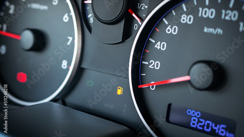 Gas gauge fuel empty. Petrol tank meter car indicator on dashboard. Low gasoline level. Fuel gauge gas.