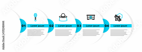 Set line Bee and honeycomb, Hive for bees, Beekeeper with protect hat and Honey dipper stick icon. Vector