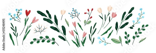 Flowers, leaves, plants, herbs set. Abstract floral elements, sprigs, branches for decoration. Modern decorative botanical bundle. Flat graphic vector illustration isolated on white background