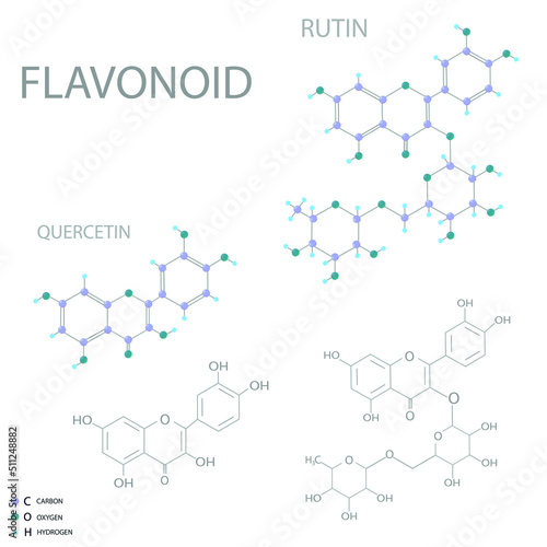 Flavonoid (quercetin or rutin) molecular skeletal 3D chemical formula.	