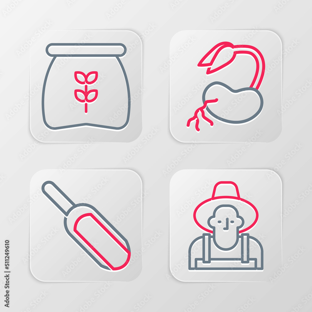 Set line Farmer in the hat, Scoop flour, Sprout and Bag of icon. Vector Set line Farmer in the hat, Scoop flour, Sprout and Bag of icon. Vector
