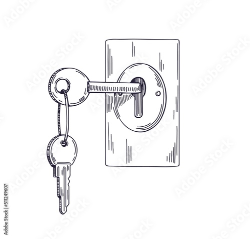 Key inside keyhole unlocking apartment door. Outlined engraved drawing of item in hole opening room drawn in retro style. Contoured handdrawn vector illustration isolated on white background