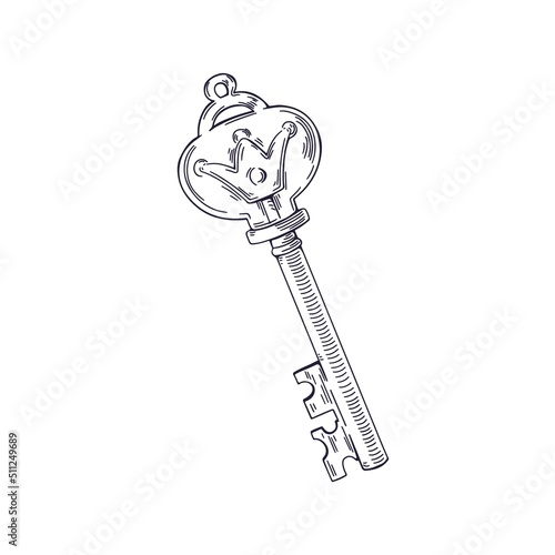 Vintage door key with kings crown. Engraved outlined drawing in retro style. ...