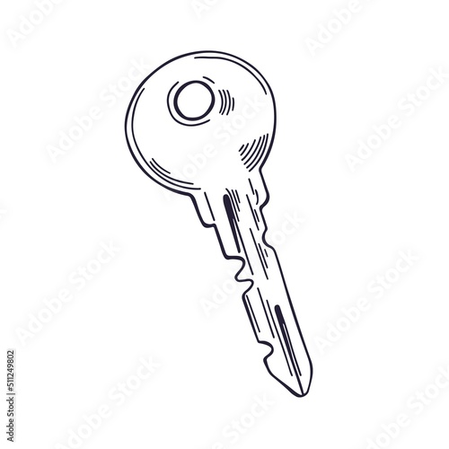 Door key, outlined black and white drawing in vintage style. Etched engraved modern unlocking apartment room item. Contoured detailed woodcut. Isolated hand-drawn vector sketch illustration