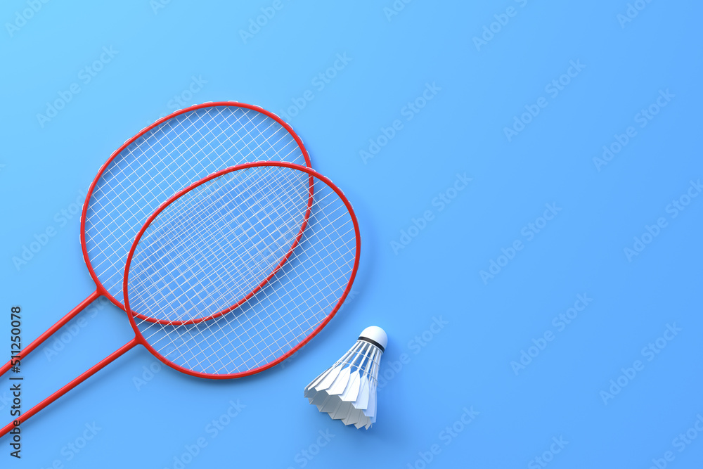 Badminton racket and shuttlecock on blue background. Top view. 3d rendering illustration Badminton racket and shuttlecock on blue background. Top view. 3d rendering illustration