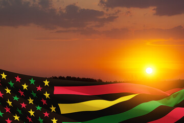 Alternative Juneteenth Flag with sunrise or sunset. Since 1865. Design of Banner with place for text. 3d-rendering.