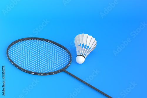 Badminton racket and shuttlecock on blue background. 3d rendering illustration © Andrii