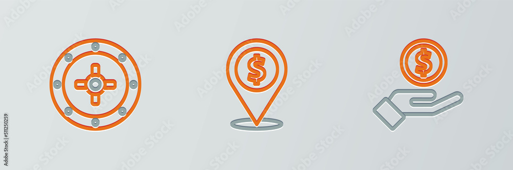 Set line Hand giving money, Safe and Cash location icon. Vector Set line Hand giving money, Safe and Cash location icon. Vector