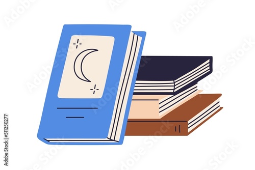 Paper books stack. Abstract mystic literature pile. Esoteric reading on astrology. Fictions, novels, stories, academic textbooks and fairytales. Flat vector illustration isolated on white background