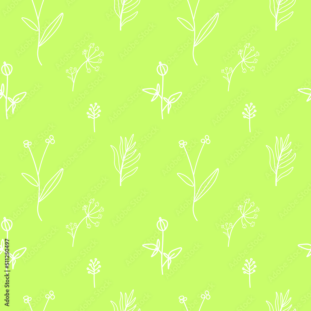 Vector seamless floral pattern in white line on lime background.Repeating botanical print in a minimalist style in bright modern colors.Designs for textiles,wallpaper,fabric,wrapping paper,packaging. Vector seamless floral pattern in white line on lime background.Repeating botanical print in a minimalist style in bright modern colors.Designs for textiles,wallpaper,fabric,wrapping paper,packaging.