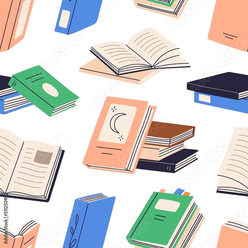 Paper books pattern. Seamless background with abstract literature repeating print. Printable texture for wrapping, wallpaper. Endless backdrop design for bookstore. Colored flat vector illustration