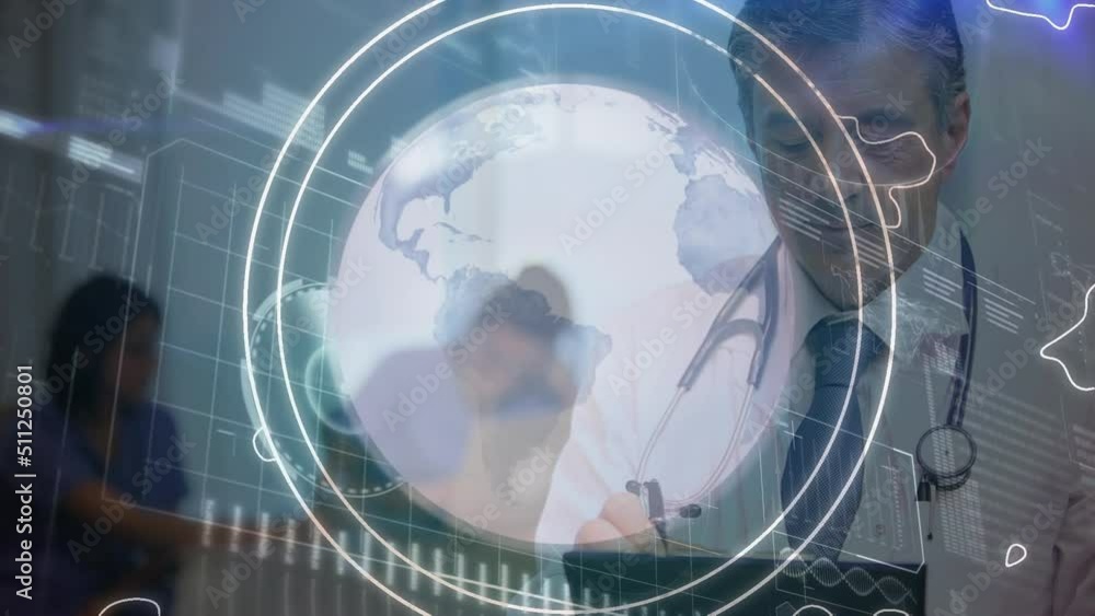 Animation of scientific data processing over caucasian male doctor Animation of scientific data processing over caucasian male doctor