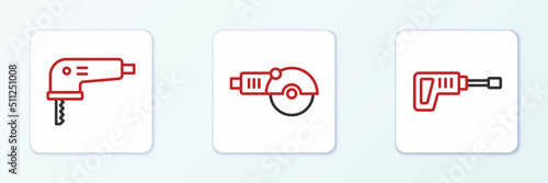 Set line Rotary hammer drill machine, Electric jigsaw and Angle grinder icon. Vector