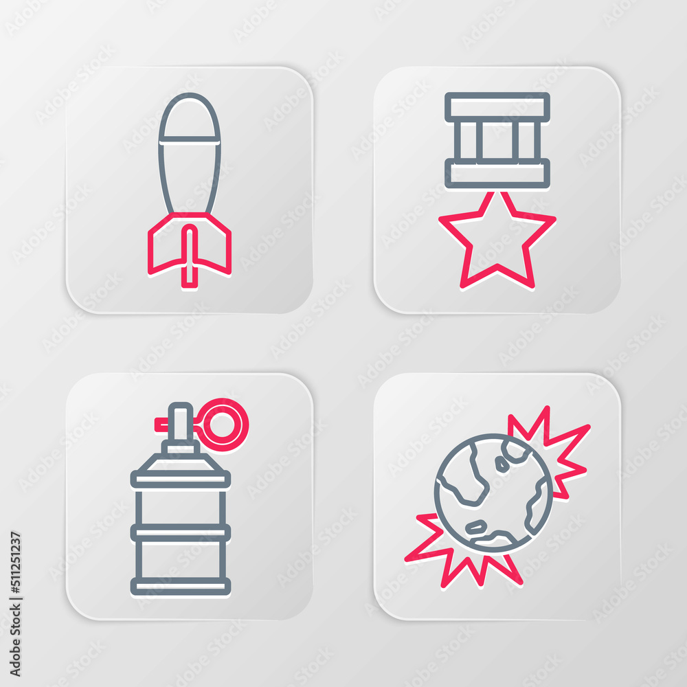 Set line Bomb explosive planet earth, Hand smoke grenade, Military reward medal and Rocket launcher icon. Vector