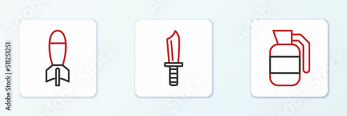Set line Hand grenade, Rocket launcher and Military knife icon. Vector