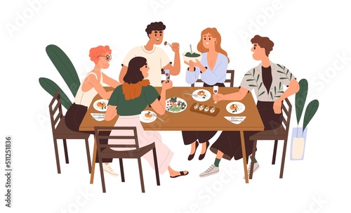 Friends gathering at dining table with wine and food. Happy young people eating, celebrating holiday, talking, relaxing together on weekend. Flat vector illustration isolated on white background