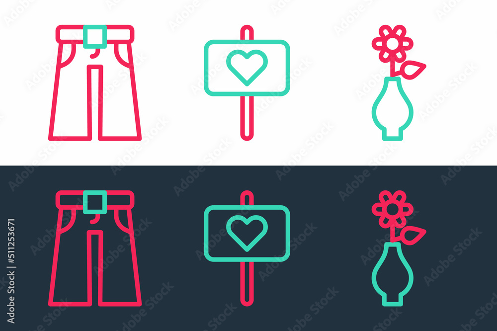 Set line Flower in vase, Jeans wide and Peace icon. Vector Set line Flower in vase, Jeans wide and Peace icon. Vector