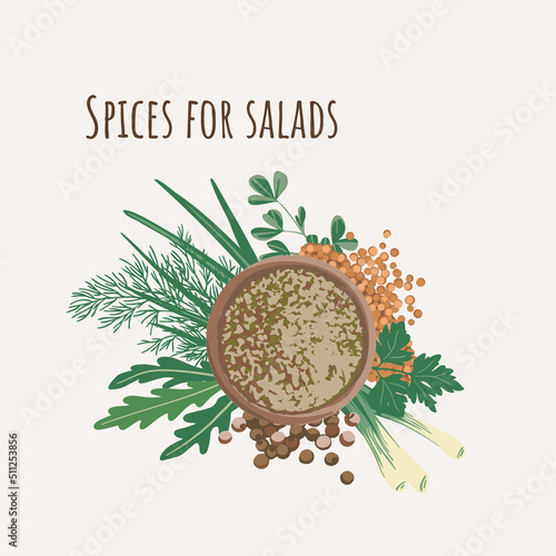 Set of spices for salads Allspice, Scallion, Fenugreek, Dill, Parsley, Arugula, Mustard and powdered spices in a wooden bowl. Top view. Flat style