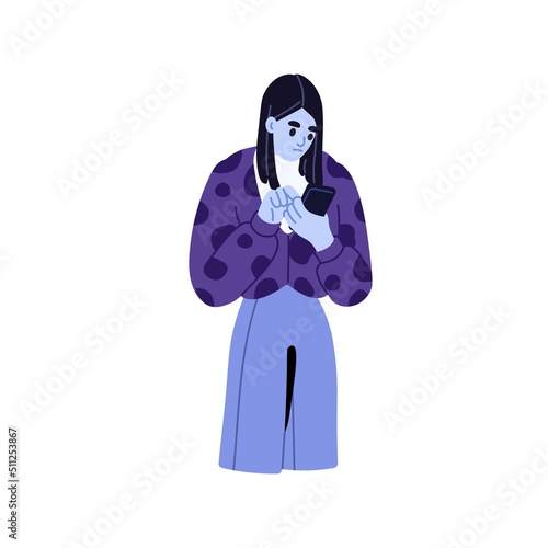 Sad woman stuck in mobile phone, reading online, surfing internet. Addicted girl holding, using smartphone. Social media addiction concept. Flat vector illustration isolated on white background