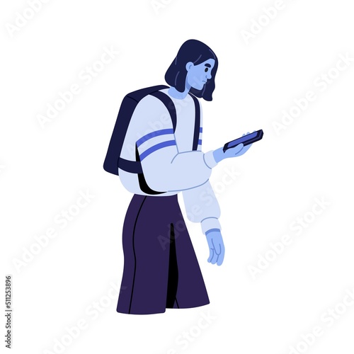 Addicted woman using smartphone on the go. Unhappy girl walking with mobile phone, scrolling online news in internet with cellphone. Flat graphic vector illustration isolated on white background