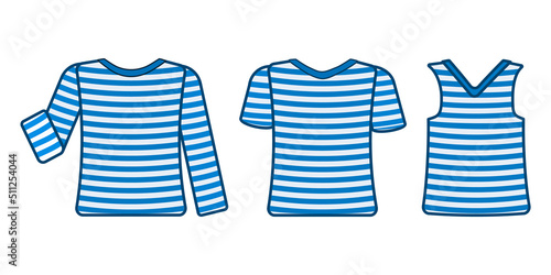 Set of striped sailor t-shirt isolated on white background. Sea striped shirt with long, short sleeves and sleeveless in light white blue colors. Sea travel element. Marine object. Vector illustration