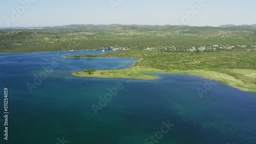 Aerial view of on the Prukljan lake in the Krka River estuary, Croatia photo