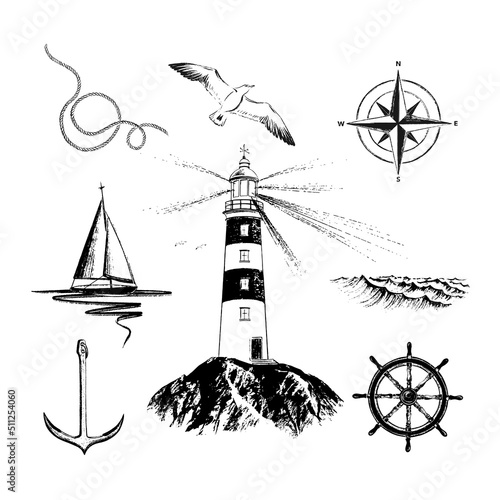 Set of nautical symbols lighthouse, seagulls, rope, waves, boat, wind rose, helm, anchor drawn in black ink, brush texture. Engraving style.