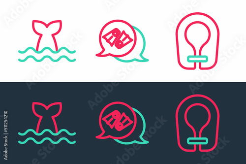 Set line Life jacket, Whale tail and Flippers for swimming icon. Vector