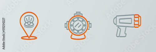 Set line Flashlight for diver, Scallop sea shell and Aqualung icon. Vector