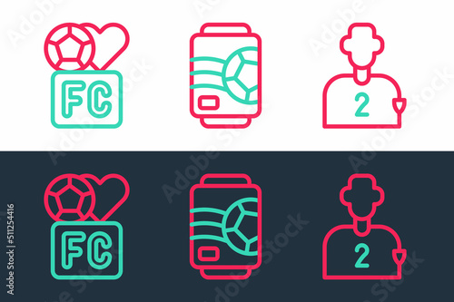 Set line Football or soccer player, Fan club football and Beer can icon. Vector