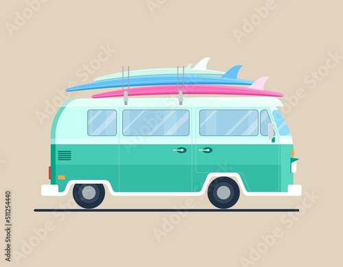 Retro vintage travelling van wit surfboards on the roof. Camping, road trip, summer concept. Flat vector illustration